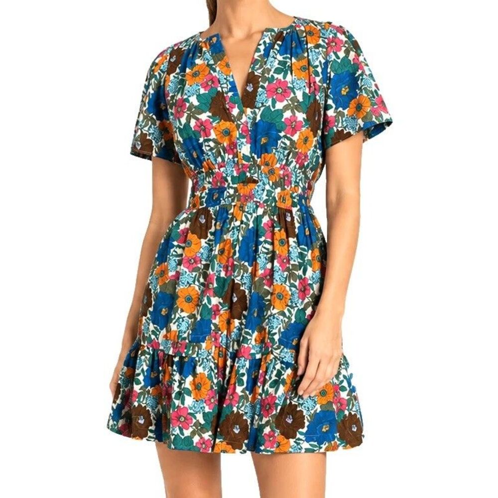 Anthropologie Somerset Dress Small Floral Mini Smocked Cotton Tiered V Neck